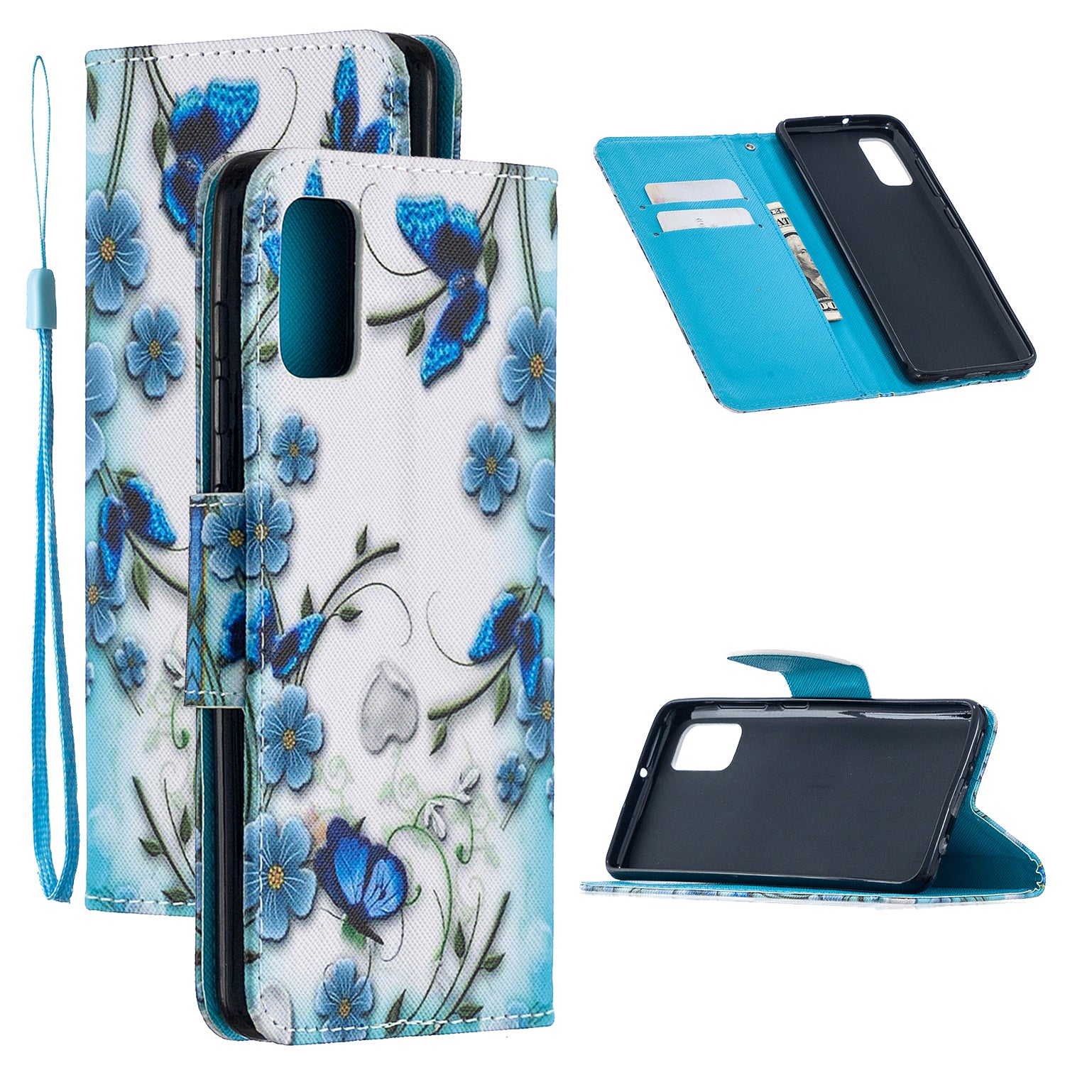 For Samsung Galaxy S20 FE 4G/5G/S20 Lite/S20 FE 2022 Pattern Printing PU Leather Wallet Stand Phone Cover - Blue Flower and Butterfly