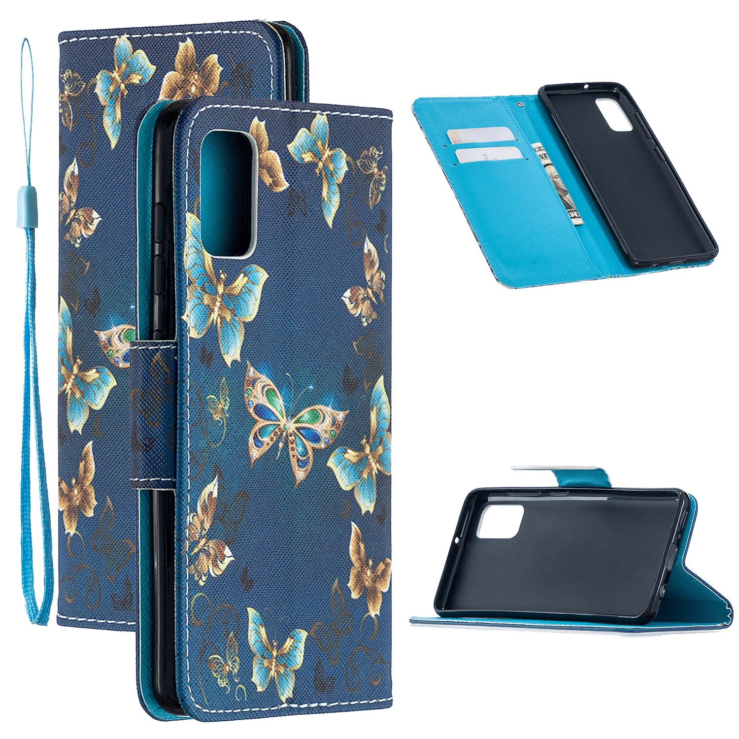 For Samsung Galaxy S20 FE 4G/5G/S20 Lite/S20 FE 2022 Pattern Printing PU Leather Wallet Stand Phone Cover - Blue Butterfly