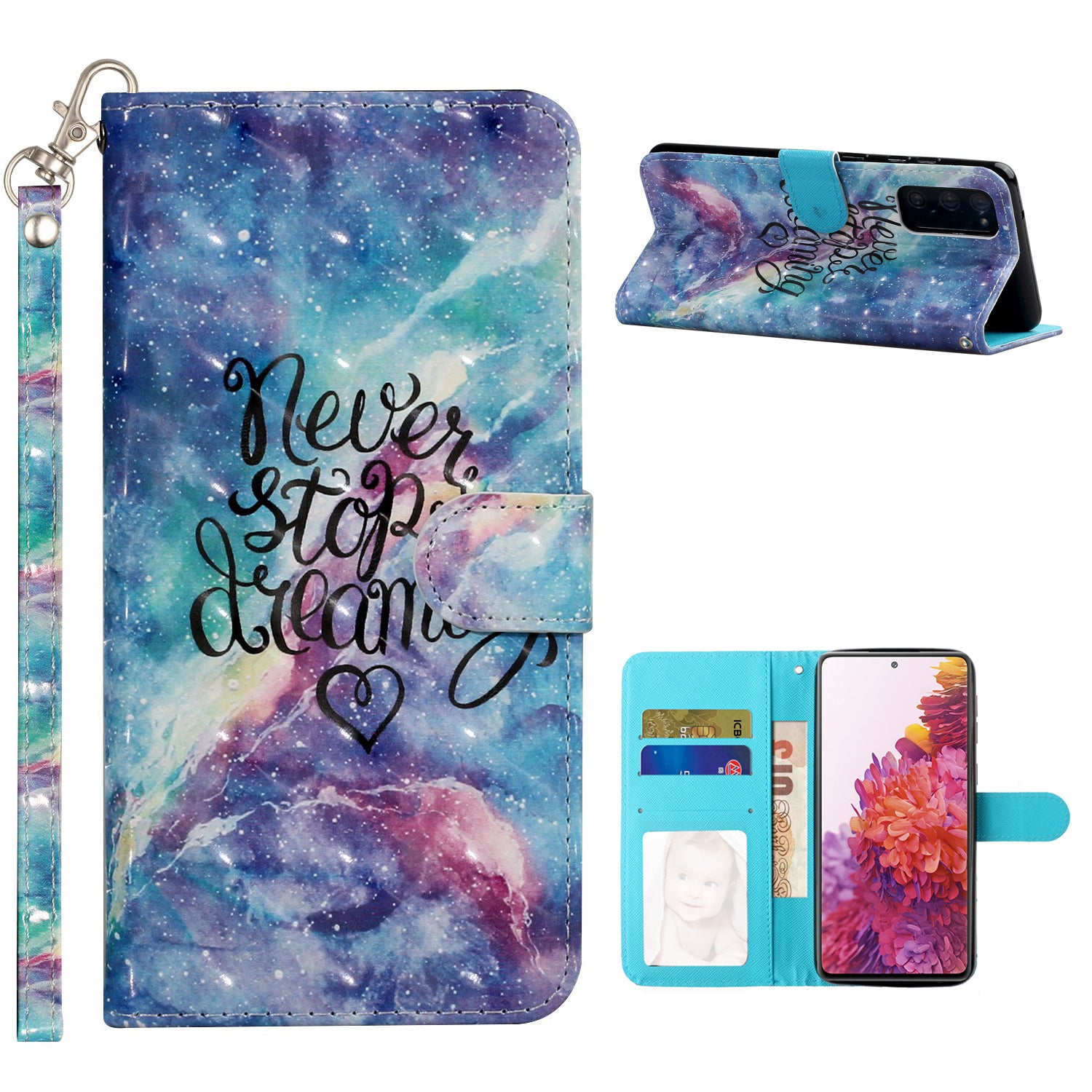 For Samsung Galaxy S20 FE 4G/5G/S20 Lite/S20 FE 2022 Light Spot Decor Pattern Printing Wallet Stand Leather Phone Casing with Strap - Never Stop Dreaming