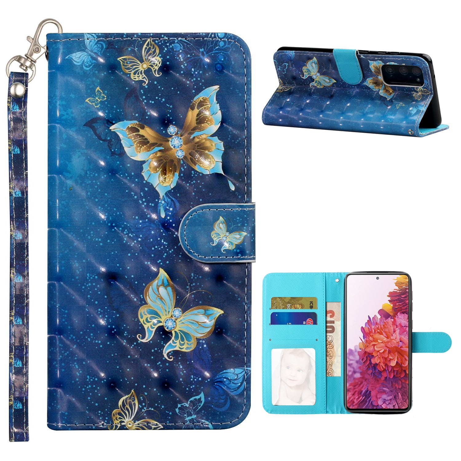 For Samsung Galaxy S20 FE 4G/5G/S20 Lite/S20 FE 2022 Light Spot Decor Pattern Printing Wallet Stand Leather Phone Casing with Strap - Butterfly