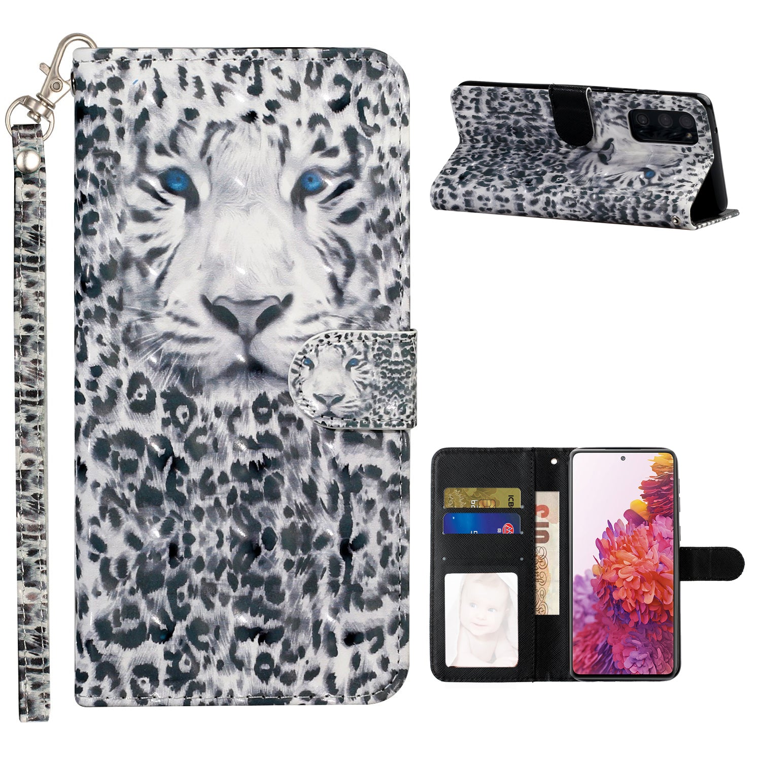 For Samsung Galaxy S20 FE 4G/5G/S20 Lite/S20 FE 2022 Light Spot Decor Pattern Printing Wallet Stand Leather Phone Casing with Strap - Tiger Face/Leopard Texture