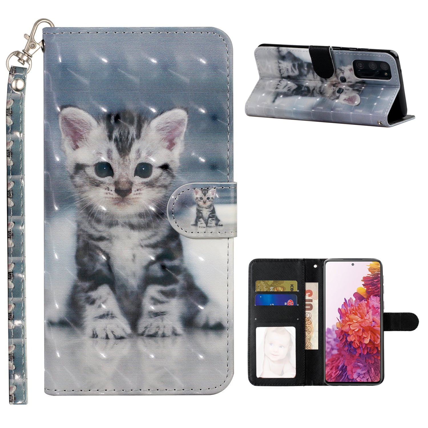 For Samsung Galaxy S20 FE 4G/5G/S20 Lite/S20 FE 2022 Light Spot Decor Pattern Printing Wallet Stand Leather Phone Casing with Strap - Cute Cat