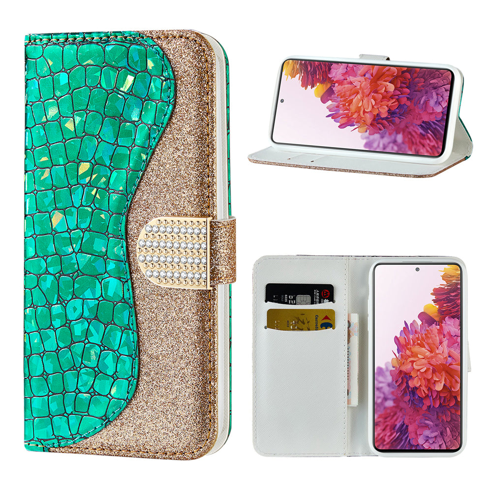 For Samsung Galaxy S20 FE 4G/5G/S20 Lite/S20 FE 2022Crocodile Texture Flash Powder Leather Shell with Stand Case - Green