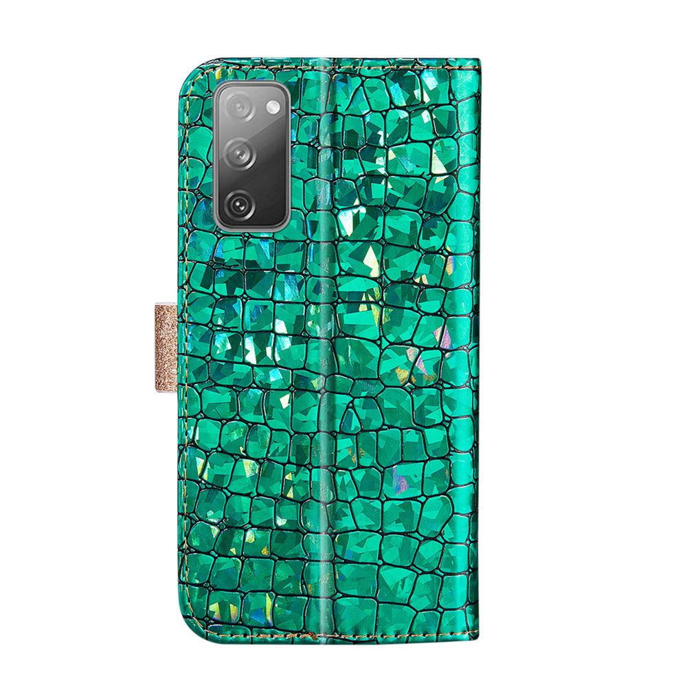 For Samsung Galaxy S20 FE 4G/5G/S20 Lite/S20 FE 2022Crocodile Texture Flash Powder Leather Shell with Stand Case - Green