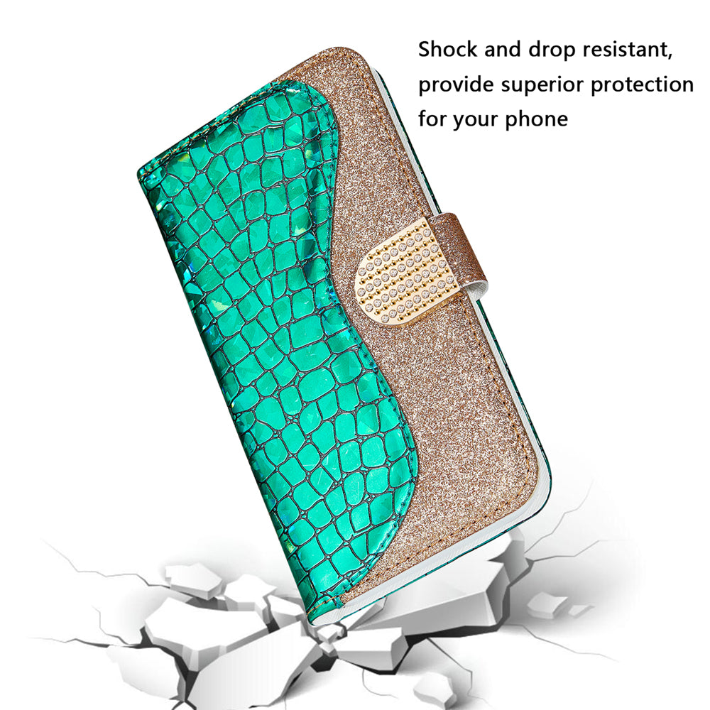 For Samsung Galaxy S20 FE 4G/5G/S20 Lite/S20 FE 2022Crocodile Texture Flash Powder Leather Shell with Stand Case - Green