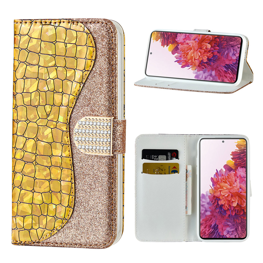 For Samsung Galaxy S20 FE 4G/5G/S20 Lite/S20 FE 2022Crocodile Texture Flash Powder Leather Shell with Stand Case - Gold