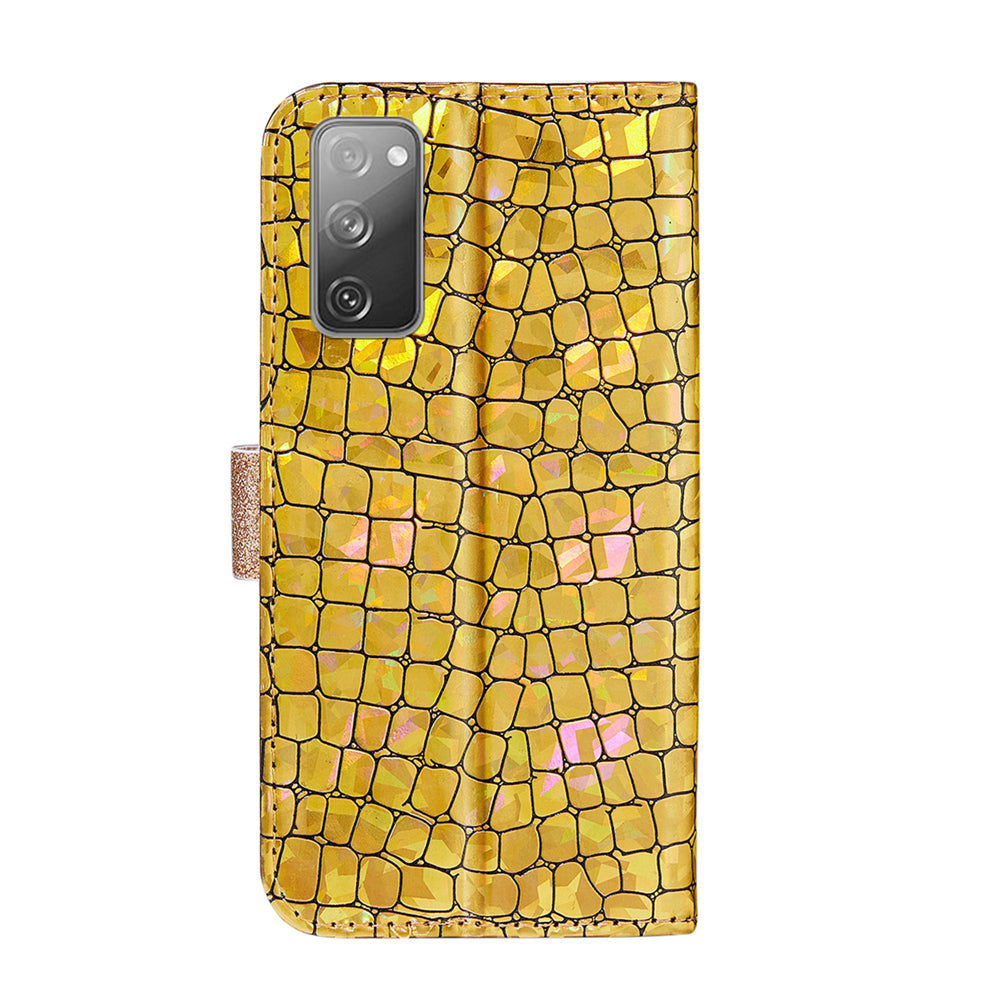 For Samsung Galaxy S20 FE 4G/5G/S20 Lite/S20 FE 2022Crocodile Texture Flash Powder Leather Shell with Stand Case - Gold