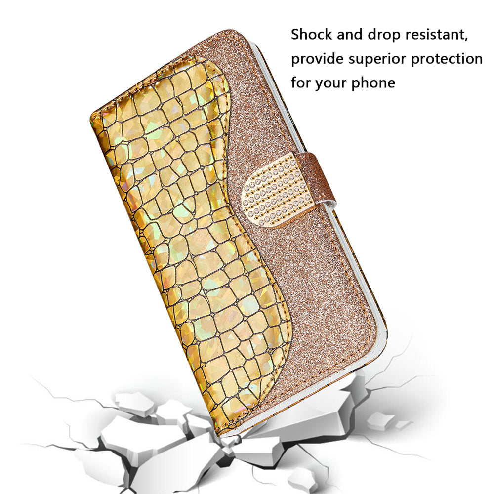 For Samsung Galaxy S20 FE 4G/5G/S20 Lite/S20 FE 2022Crocodile Texture Flash Powder Leather Shell with Stand Case - Gold