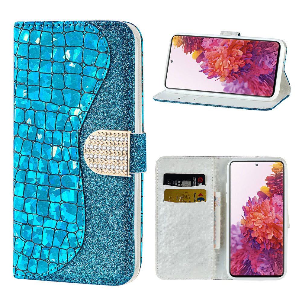 For Samsung Galaxy S20 FE 4G/5G/S20 Lite/S20 FE 2022Crocodile Texture Flash Powder Leather Shell with Stand Case - Blue