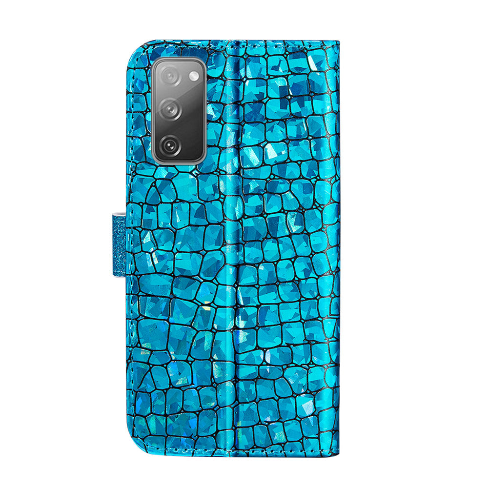 For Samsung Galaxy S20 FE 4G/5G/S20 Lite/S20 FE 2022Crocodile Texture Flash Powder Leather Shell with Stand Case - Blue