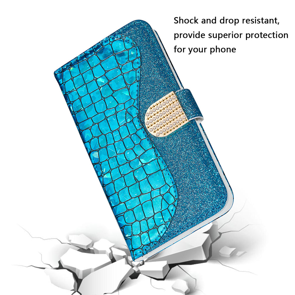 For Samsung Galaxy S20 FE 4G/5G/S20 Lite/S20 FE 2022Crocodile Texture Flash Powder Leather Shell with Stand Case - Blue