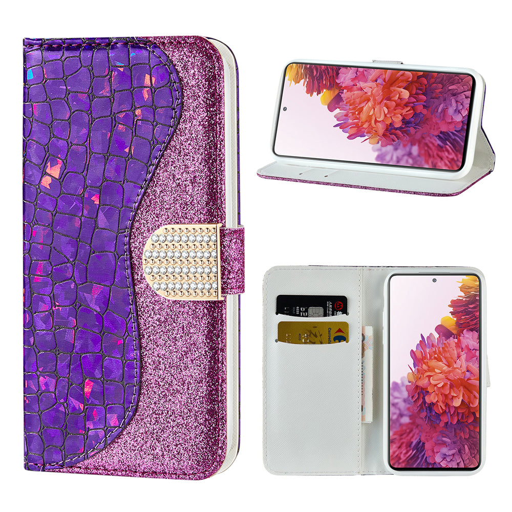 For Samsung Galaxy S20 FE 4G/5G/S20 Lite/S20 FE 2022Crocodile Texture Flash Powder Leather Shell with Stand Case - Purple