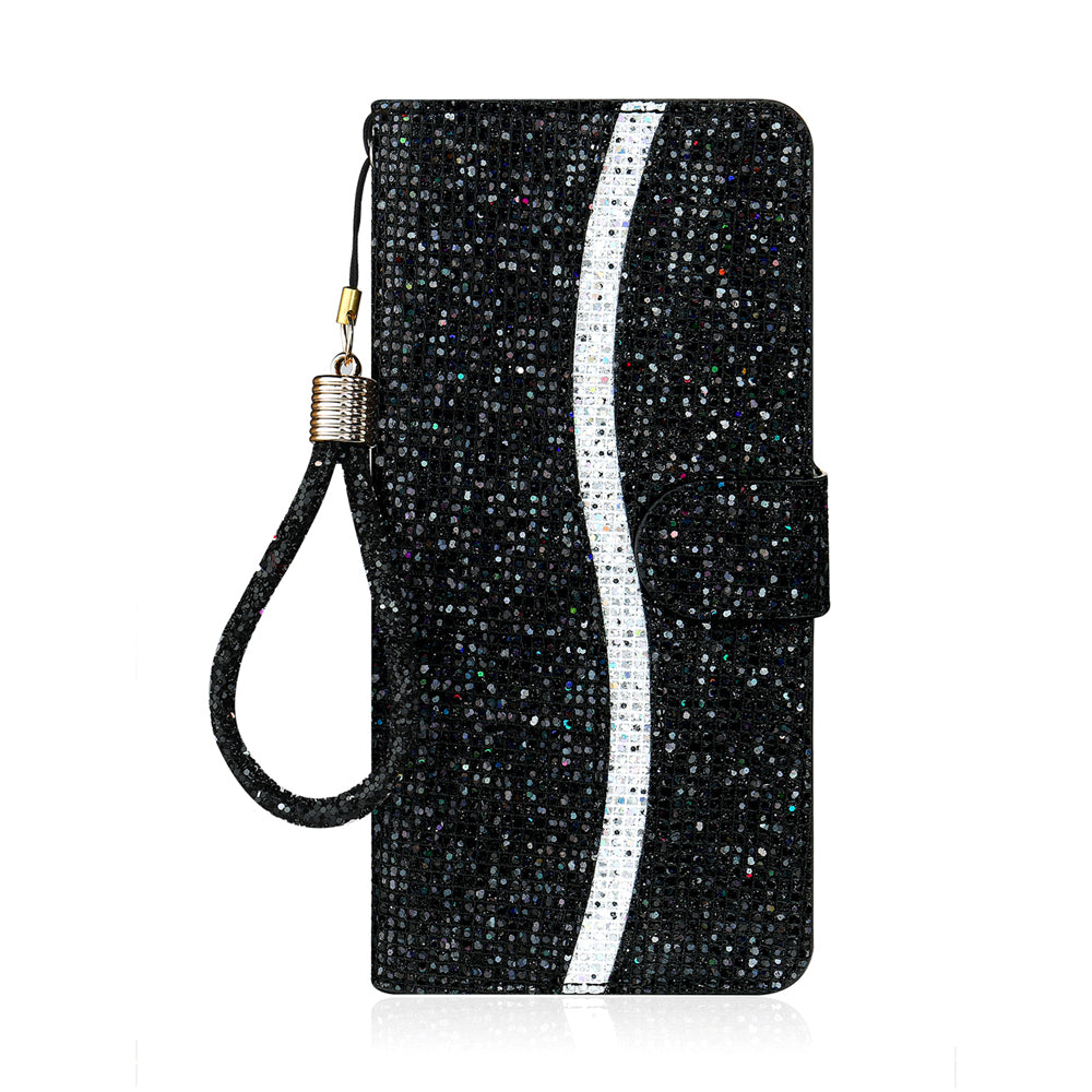 For Samsung Galaxy S20 FE 4G/5G/S20 Lite/S20 FE 2022 Glittery Powder Splicing Leather Wallet Stand Phone Cover - Black