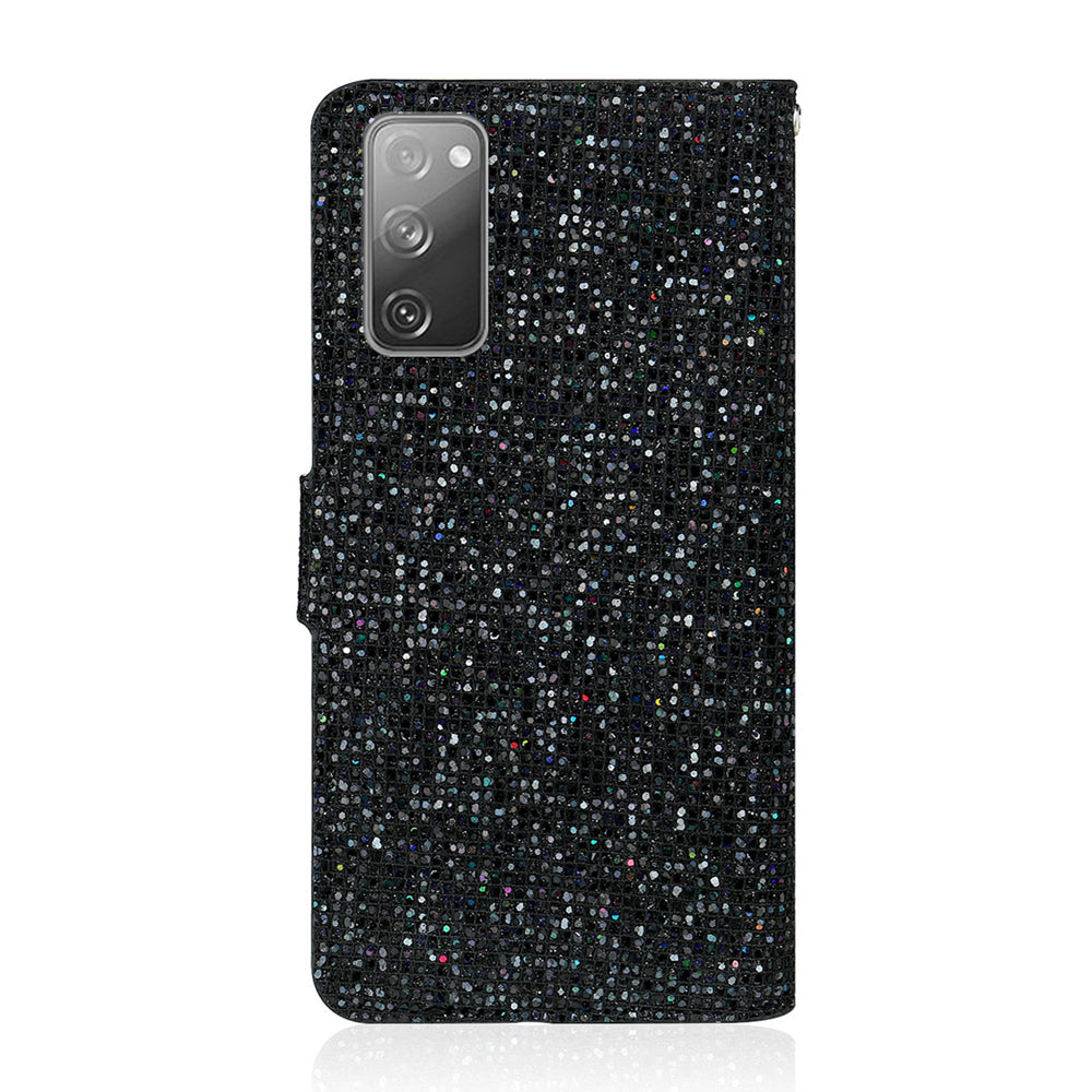 For Samsung Galaxy S20 FE 4G/5G/S20 Lite/S20 FE 2022 Glittery Powder Splicing Leather Wallet Stand Phone Cover - Black