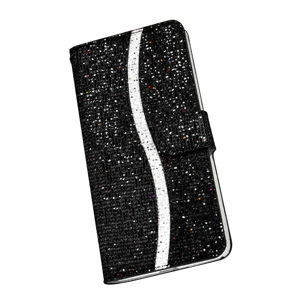 For Samsung Galaxy S20 FE 4G/5G/S20 Lite/S20 FE 2022 Glittery Powder Splicing Leather Wallet Stand Phone Cover - Black