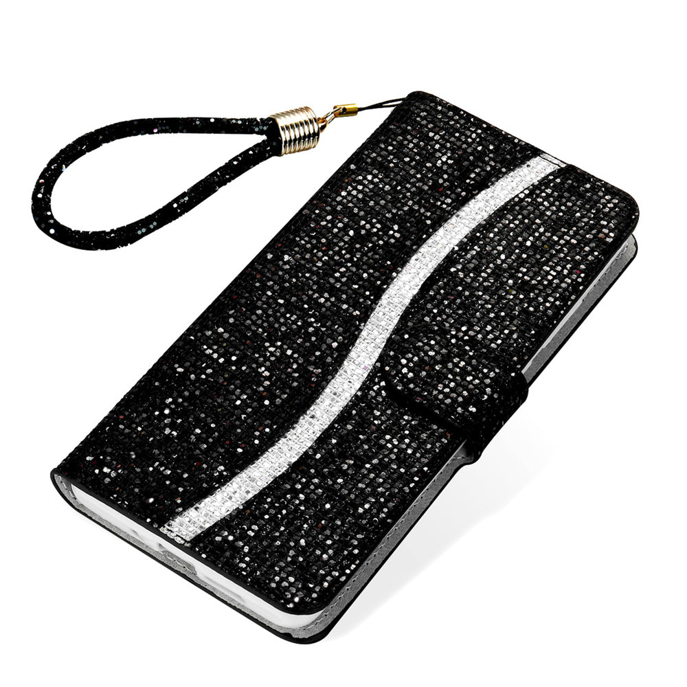 For Samsung Galaxy S20 FE 4G/5G/S20 Lite/S20 FE 2022 Glittery Powder Splicing Leather Wallet Stand Phone Cover - Black