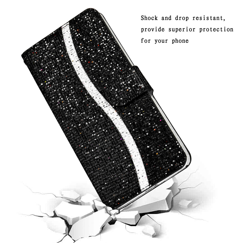 For Samsung Galaxy S20 FE 4G/5G/S20 Lite/S20 FE 2022 Glittery Powder Splicing Leather Wallet Stand Phone Cover - Black