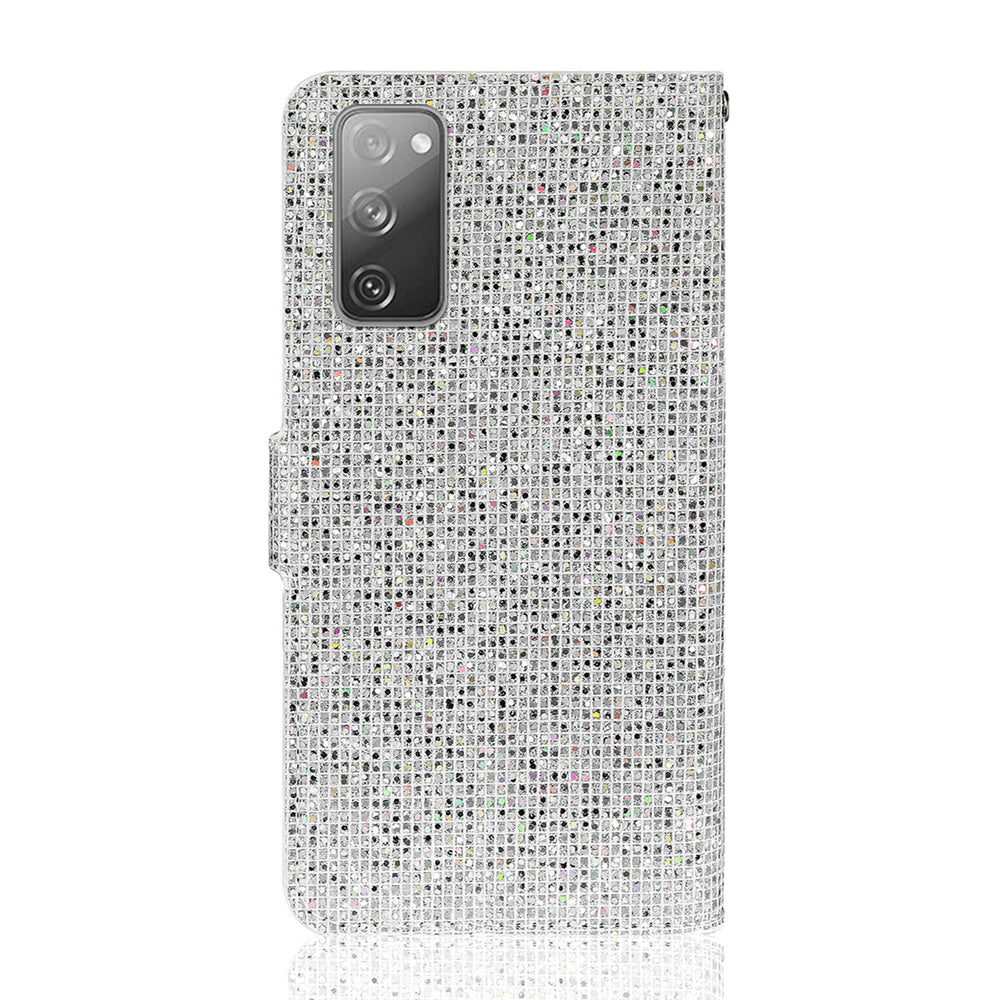 For Samsung Galaxy S20 FE 4G/5G/S20 Lite/S20 FE 2022 Glittery Powder Splicing Leather Wallet Stand Phone Cover - Silver