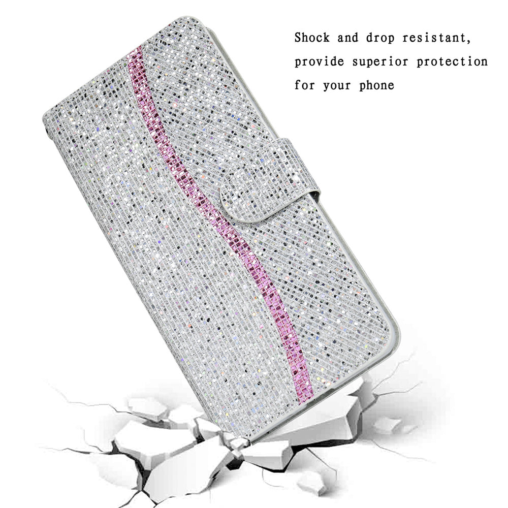 For Samsung Galaxy S20 FE 4G/5G/S20 Lite/S20 FE 2022 Glittery Powder Splicing Leather Wallet Stand Phone Cover - Silver