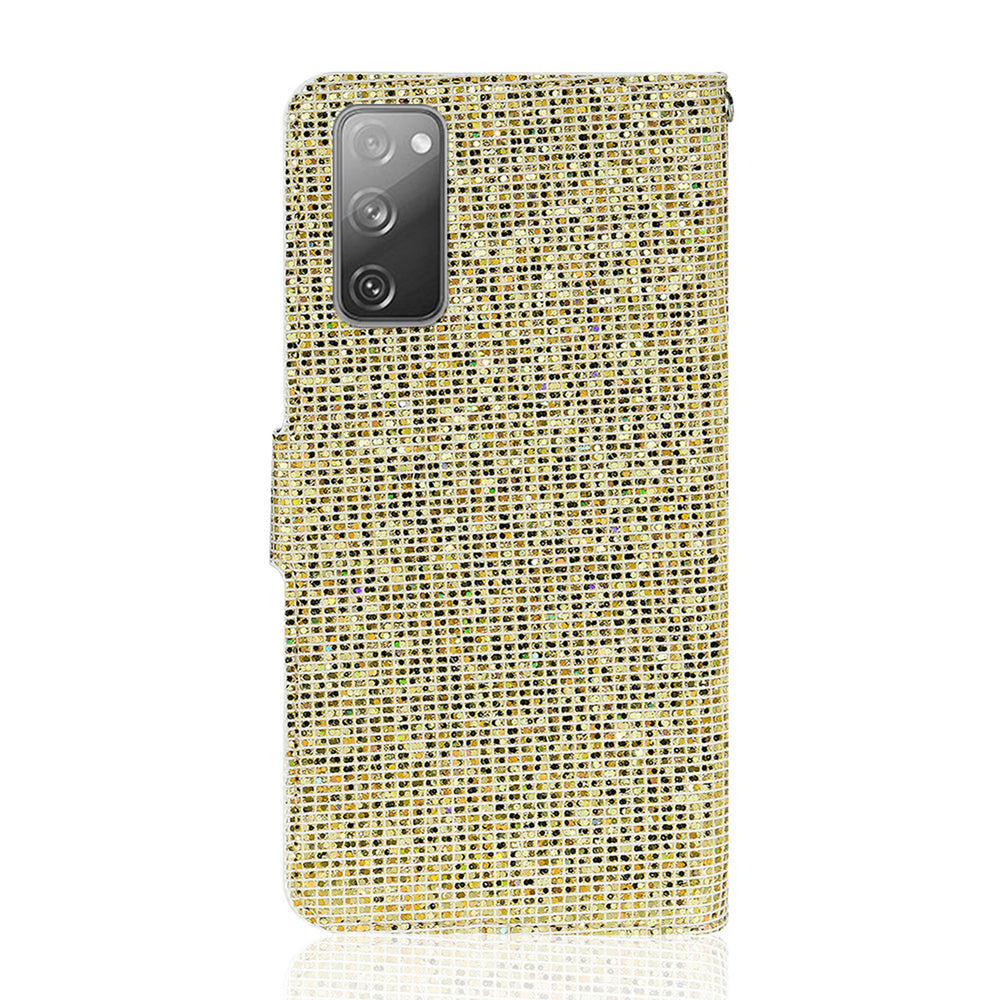 For Samsung Galaxy S20 FE 4G/5G/S20 Lite/S20 FE 2022 Glittery Powder Splicing Leather Wallet Stand Phone Cover - Gold