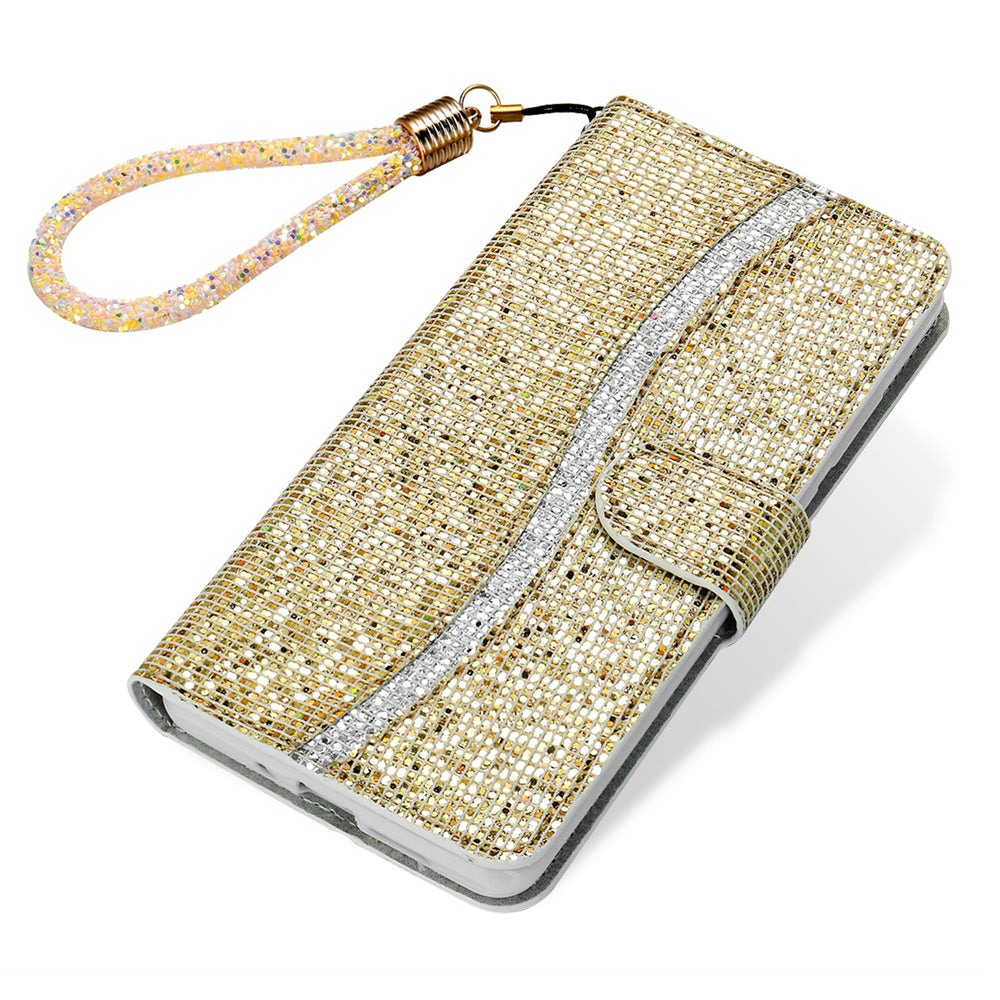 For Samsung Galaxy S20 FE 4G/5G/S20 Lite/S20 FE 2022 Glittery Powder Splicing Leather Wallet Stand Phone Cover - Gold