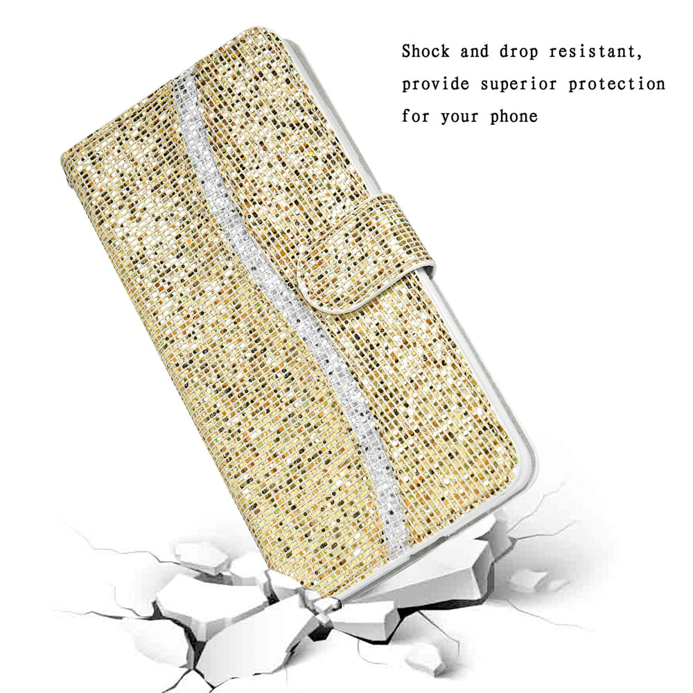 For Samsung Galaxy S20 FE 4G/5G/S20 Lite/S20 FE 2022 Glittery Powder Splicing Leather Wallet Stand Phone Cover - Gold