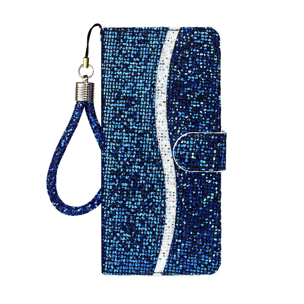 For Samsung Galaxy S20 FE 4G/5G/S20 Lite/S20 FE 2022 Glittery Powder Splicing Leather Wallet Stand Phone Cover - Blue