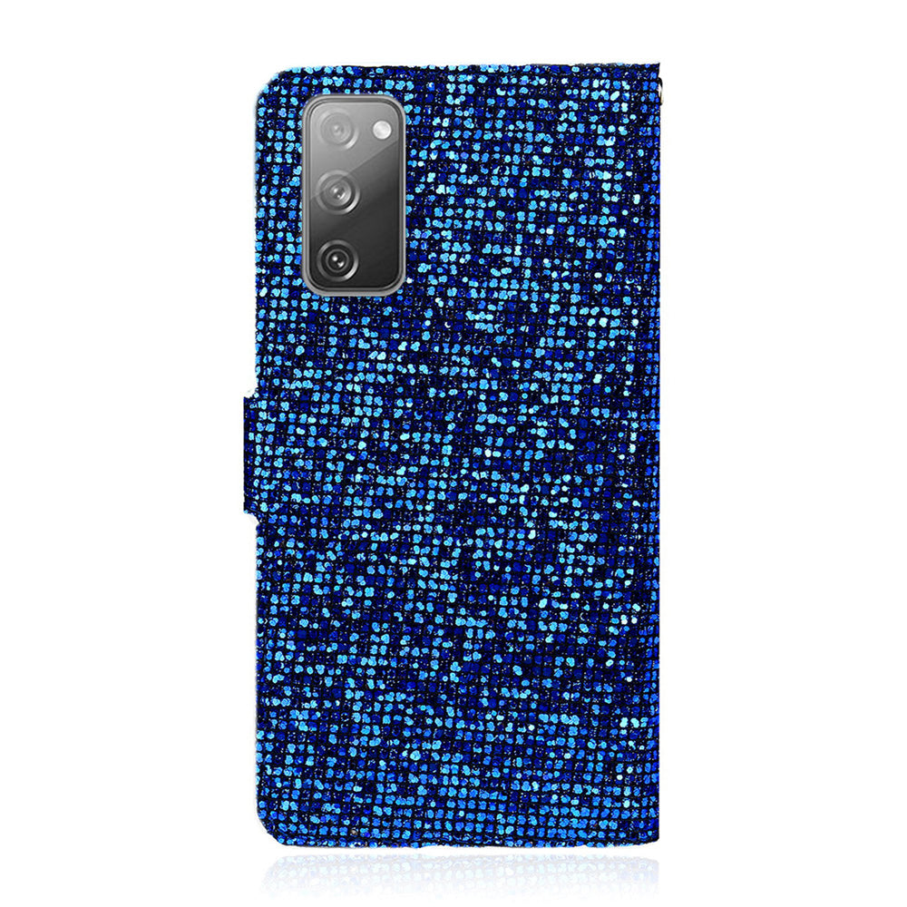 For Samsung Galaxy S20 FE 4G/5G/S20 Lite/S20 FE 2022 Glittery Powder Splicing Leather Wallet Stand Phone Cover - Blue