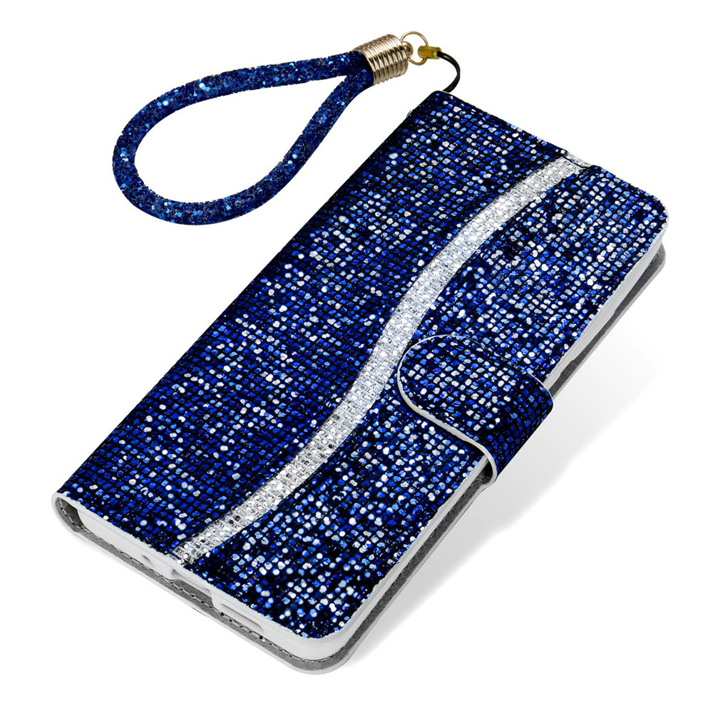 For Samsung Galaxy S20 FE 4G/5G/S20 Lite/S20 FE 2022 Glittery Powder Splicing Leather Wallet Stand Phone Cover - Blue