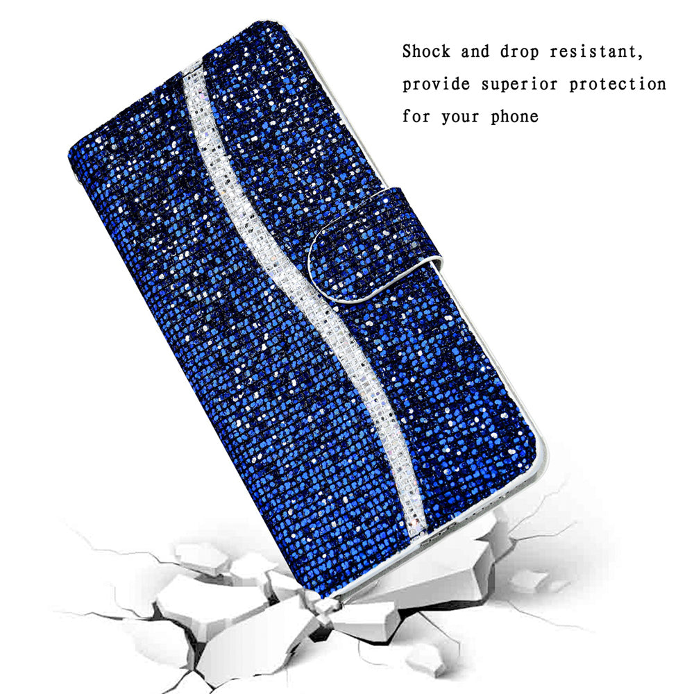 For Samsung Galaxy S20 FE 4G/5G/S20 Lite/S20 FE 2022 Glittery Powder Splicing Leather Wallet Stand Phone Cover - Blue