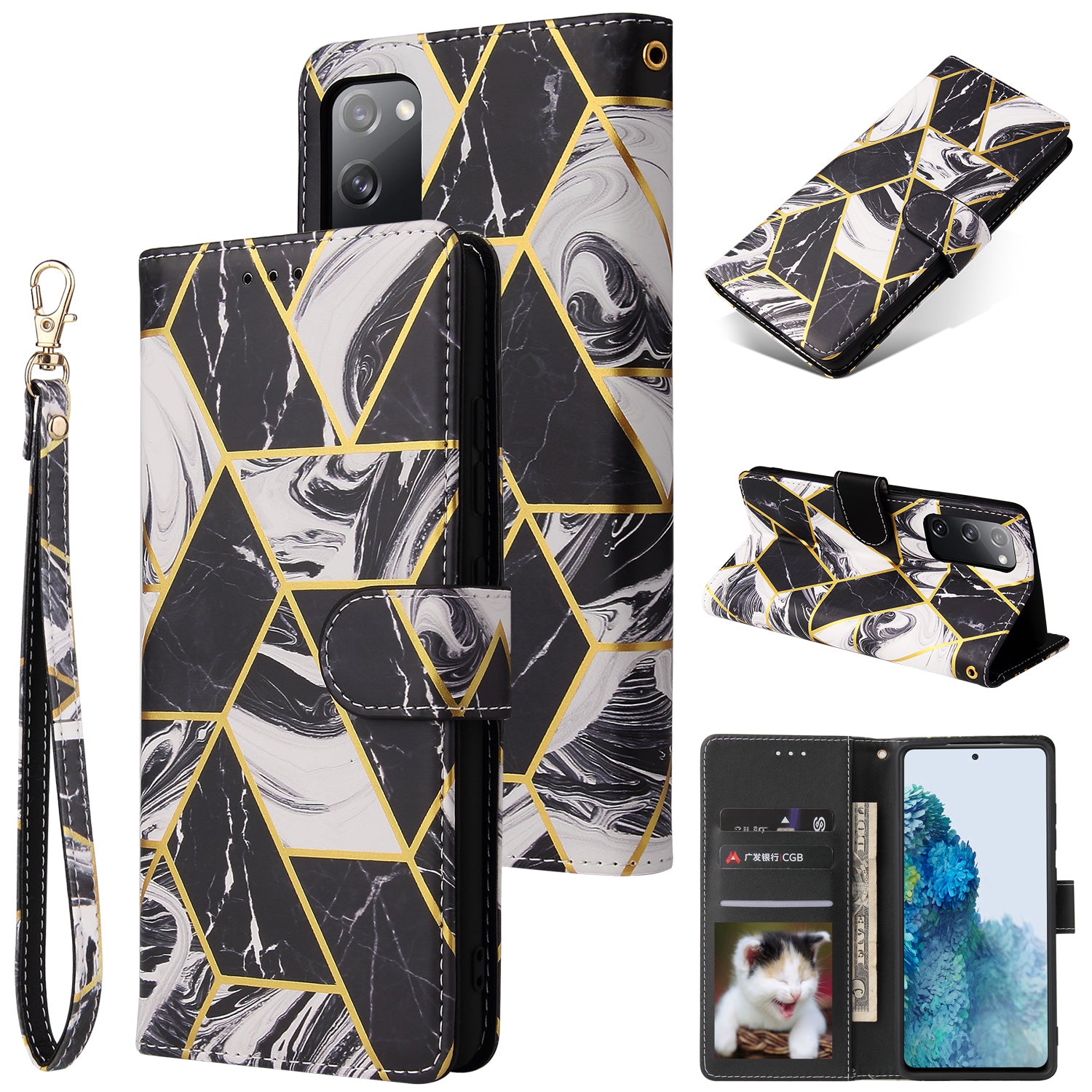 For Samsung Galaxy S20 FE 4G/5G/S20 Lite/S20 FE 2022 Lacquered Marble Pattern Leather Protection Case - Black