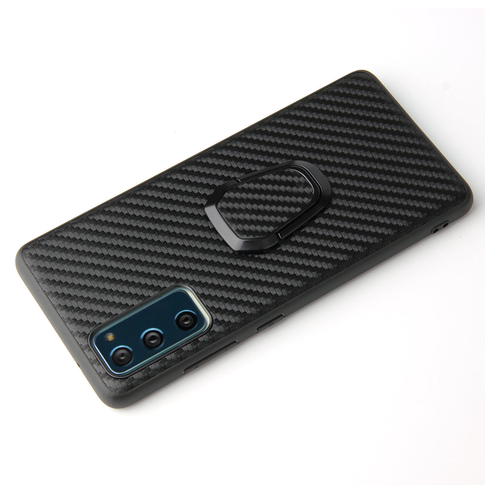 For Samsung Galaxy S20 FE 4G/5G/S20 Lite/S20 FE 2022 PU Leather Coated Phone Cover Shell + Ring-Shape Kickstand - Carbon Fiber Texture