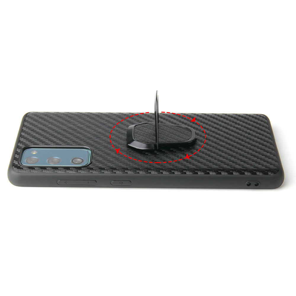 For Samsung Galaxy S20 FE 4G/5G/S20 Lite/S20 FE 2022 PU Leather Coated Phone Cover Shell + Ring-Shape Kickstand - Carbon Fiber Texture