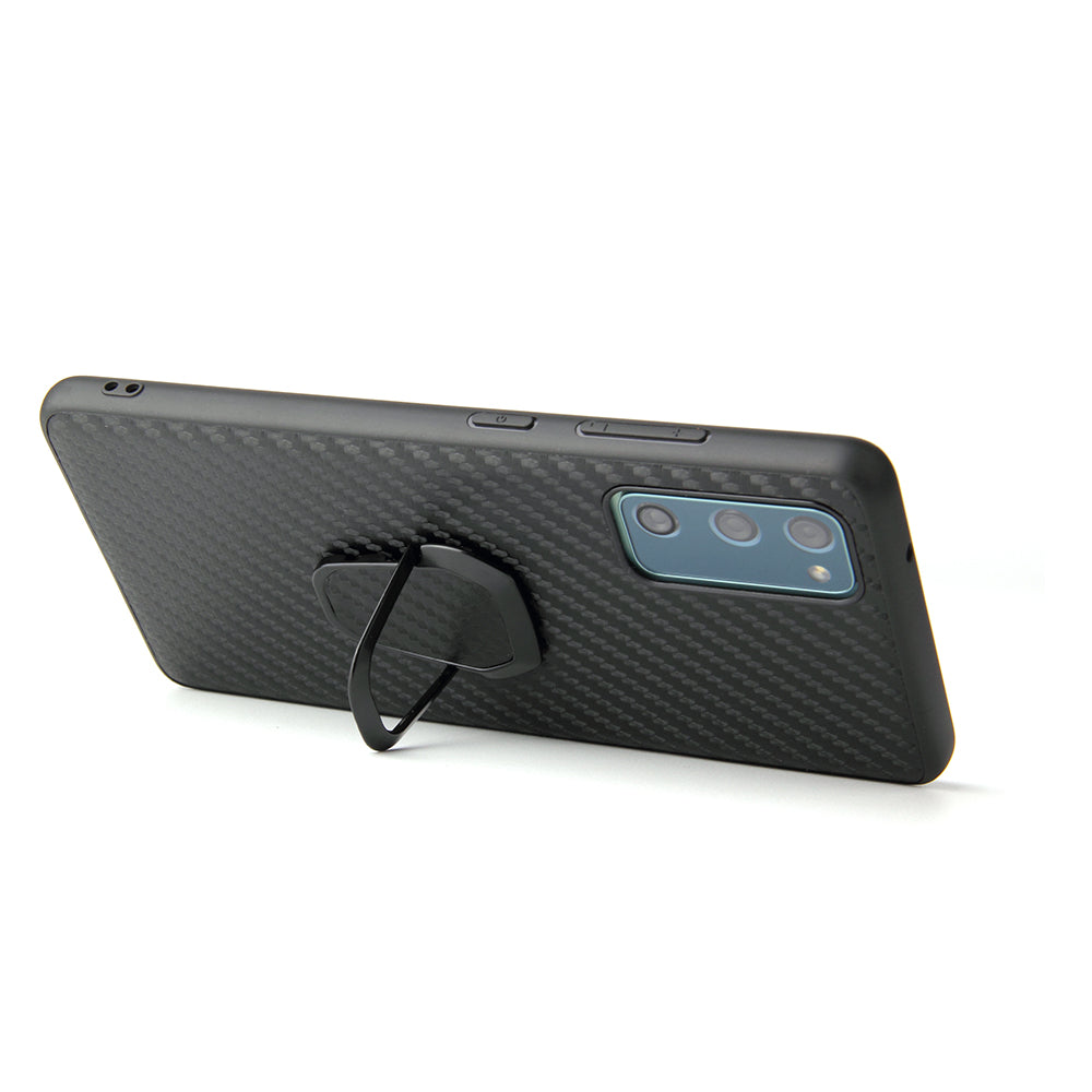 For Samsung Galaxy S20 FE 4G/5G/S20 Lite/S20 FE 2022 PU Leather Coated Phone Cover Shell + Ring-Shape Kickstand - Carbon Fiber Texture