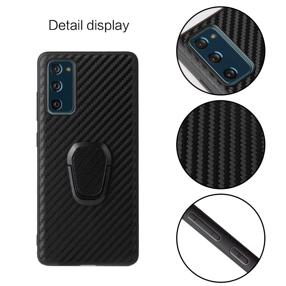 For Samsung Galaxy S20 FE 4G/5G/S20 Lite/S20 FE 2022 PU Leather Coated Phone Cover Shell + Ring-Shape Kickstand - Carbon Fiber Texture