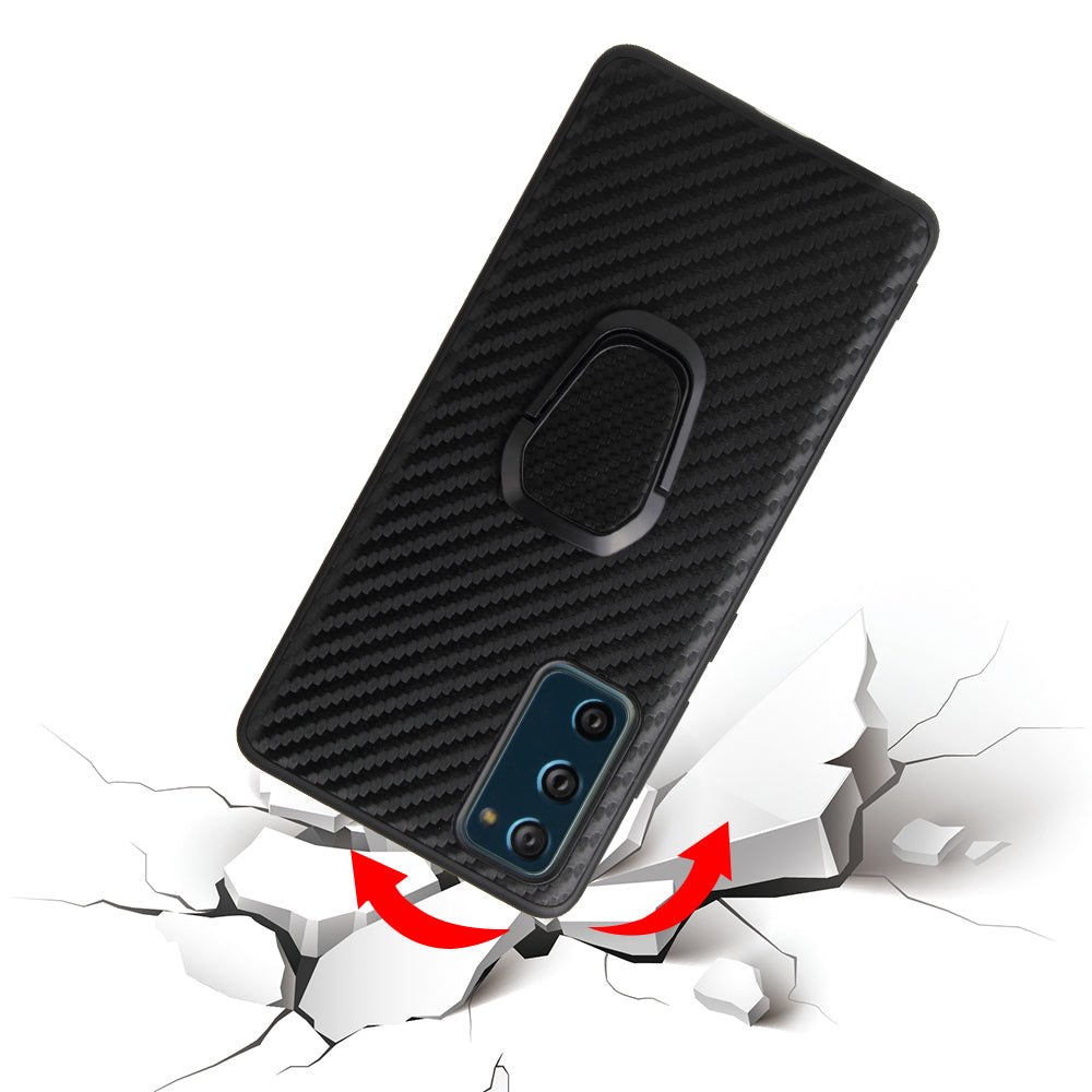 For Samsung Galaxy S20 FE 4G/5G/S20 Lite/S20 FE 2022 PU Leather Coated Phone Cover Shell + Ring-Shape Kickstand - Carbon Fiber Texture