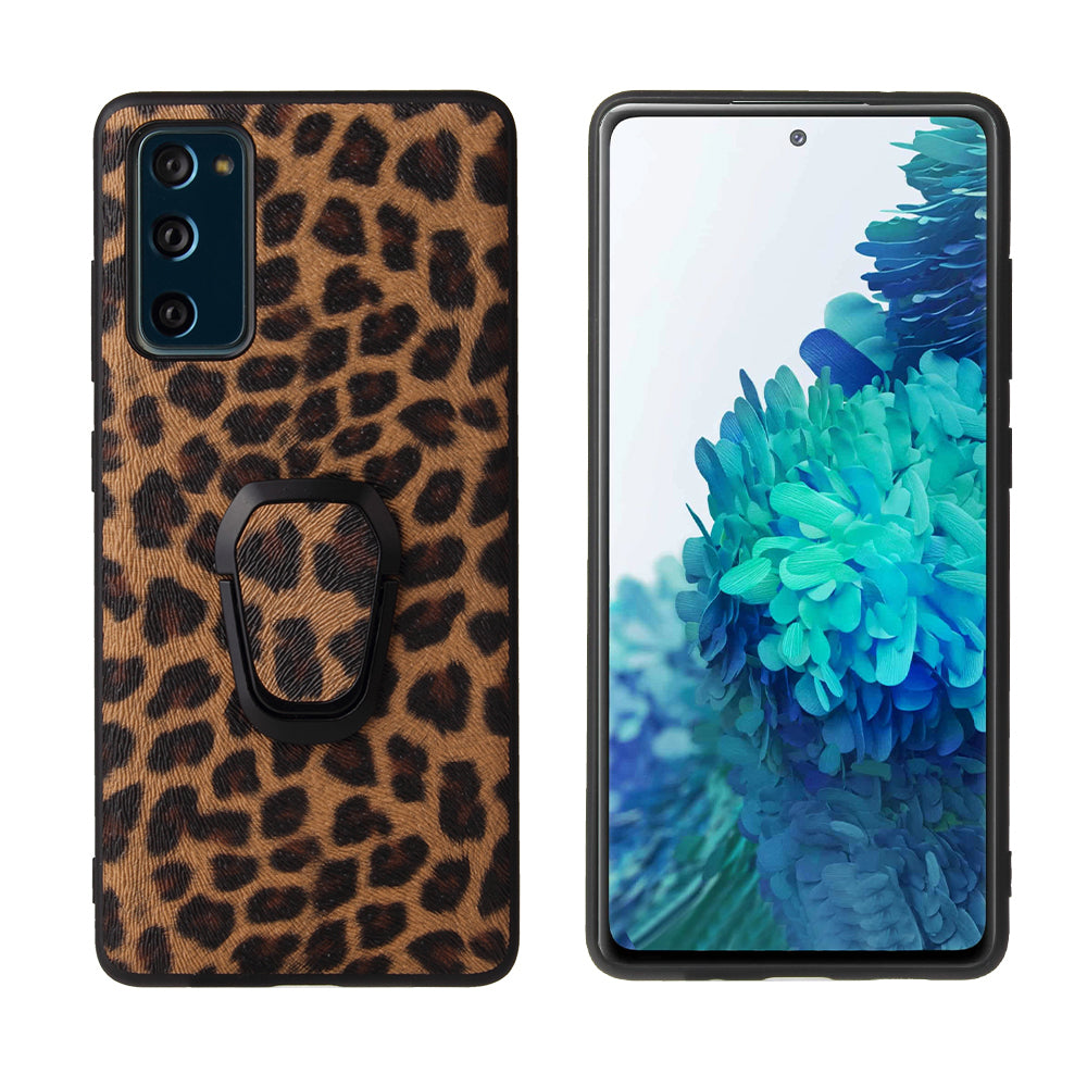 For Samsung Galaxy S20 FE 4G/5G/S20 Lite/S20 FE 2022 PU Leather Coated Phone Cover Shell + Ring-Shape Kickstand - Leopard Texture