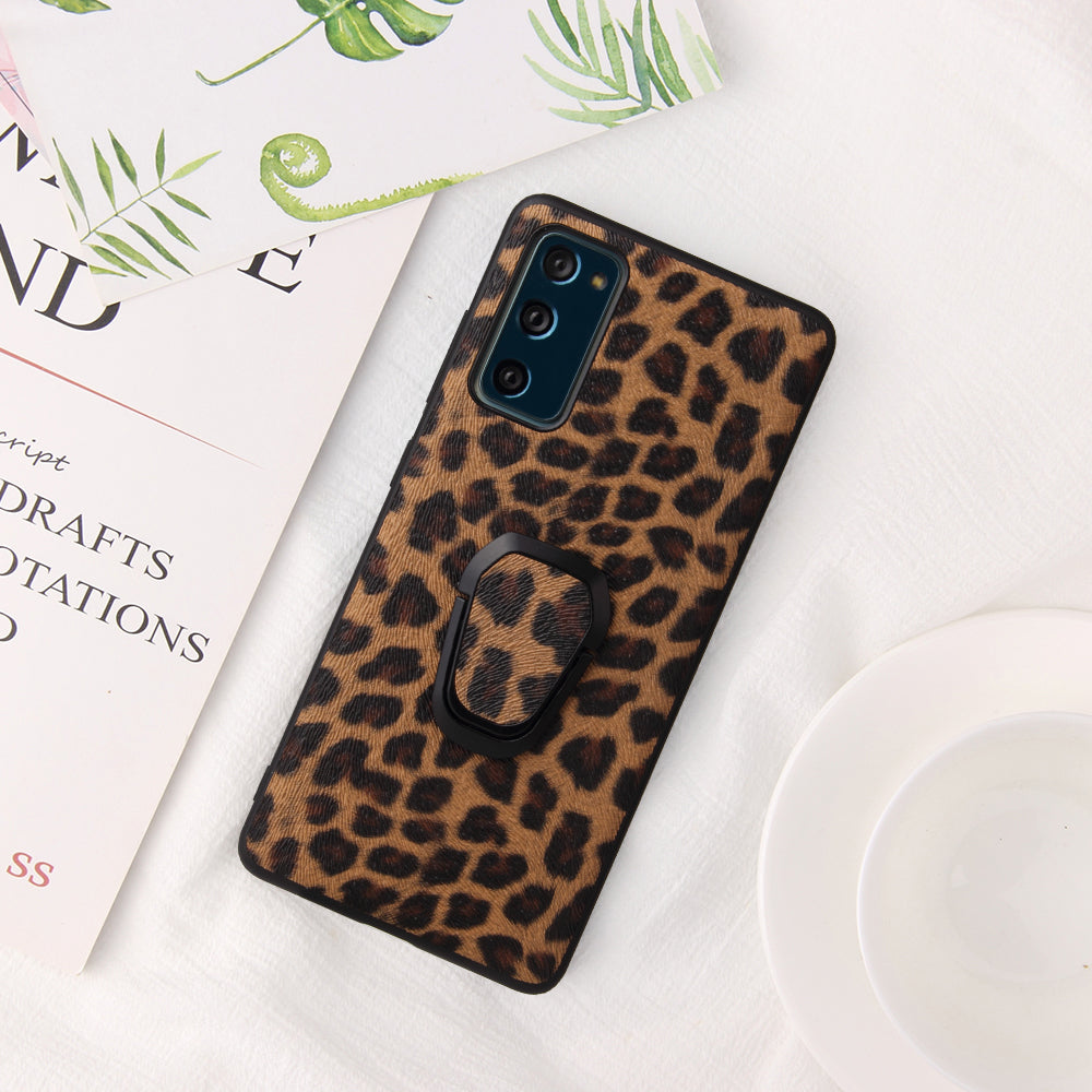 For Samsung Galaxy S20 FE 4G/5G/S20 Lite/S20 FE 2022 PU Leather Coated Phone Cover Shell + Ring-Shape Kickstand - Leopard Texture