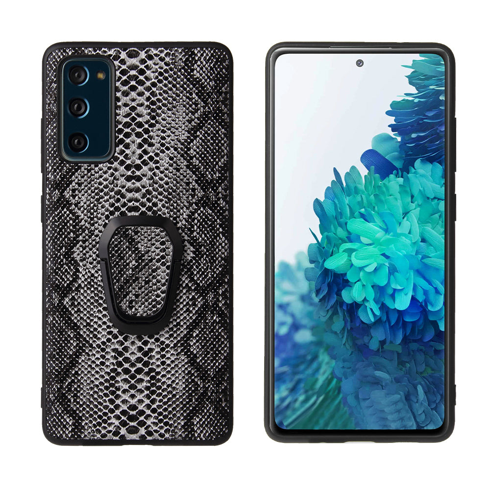 For Samsung Galaxy S20 FE 4G/5G/S20 Lite/S20 FE 2022 PU Leather Coated Phone Cover Shell + Ring-Shape Kickstand - Snake Texture