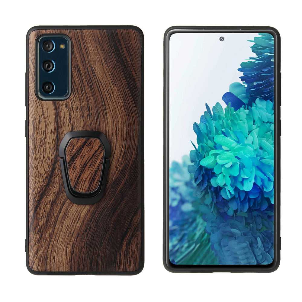 For Samsung Galaxy S20 FE 4G/5G/S20 Lite/S20 FE 2022 PU Leather Coated Phone Cover Shell + Ring-Shape Kickstand - Wood Grain