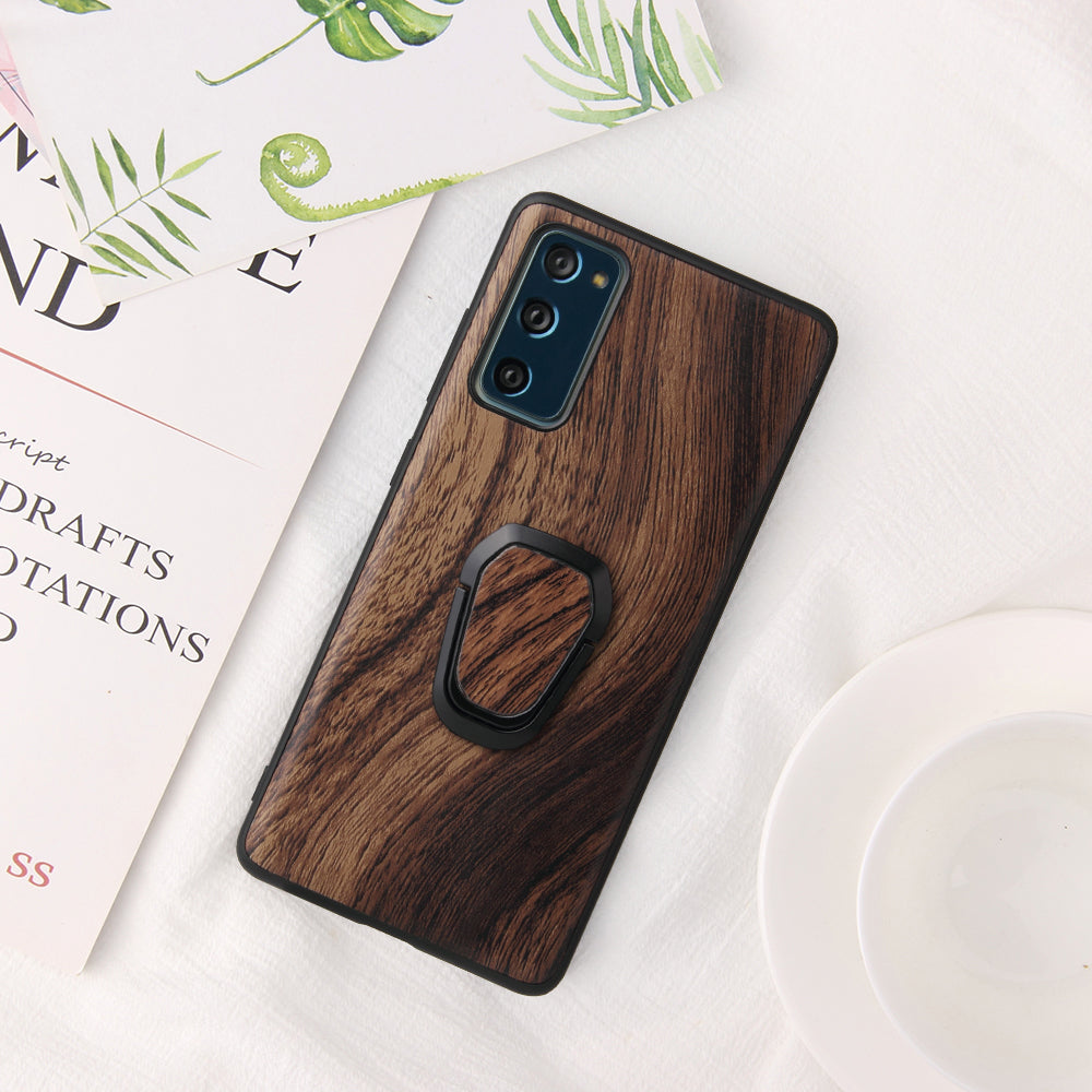 For Samsung Galaxy S20 FE 4G/5G/S20 Lite/S20 FE 2022 PU Leather Coated Phone Cover Shell + Ring-Shape Kickstand - Wood Grain