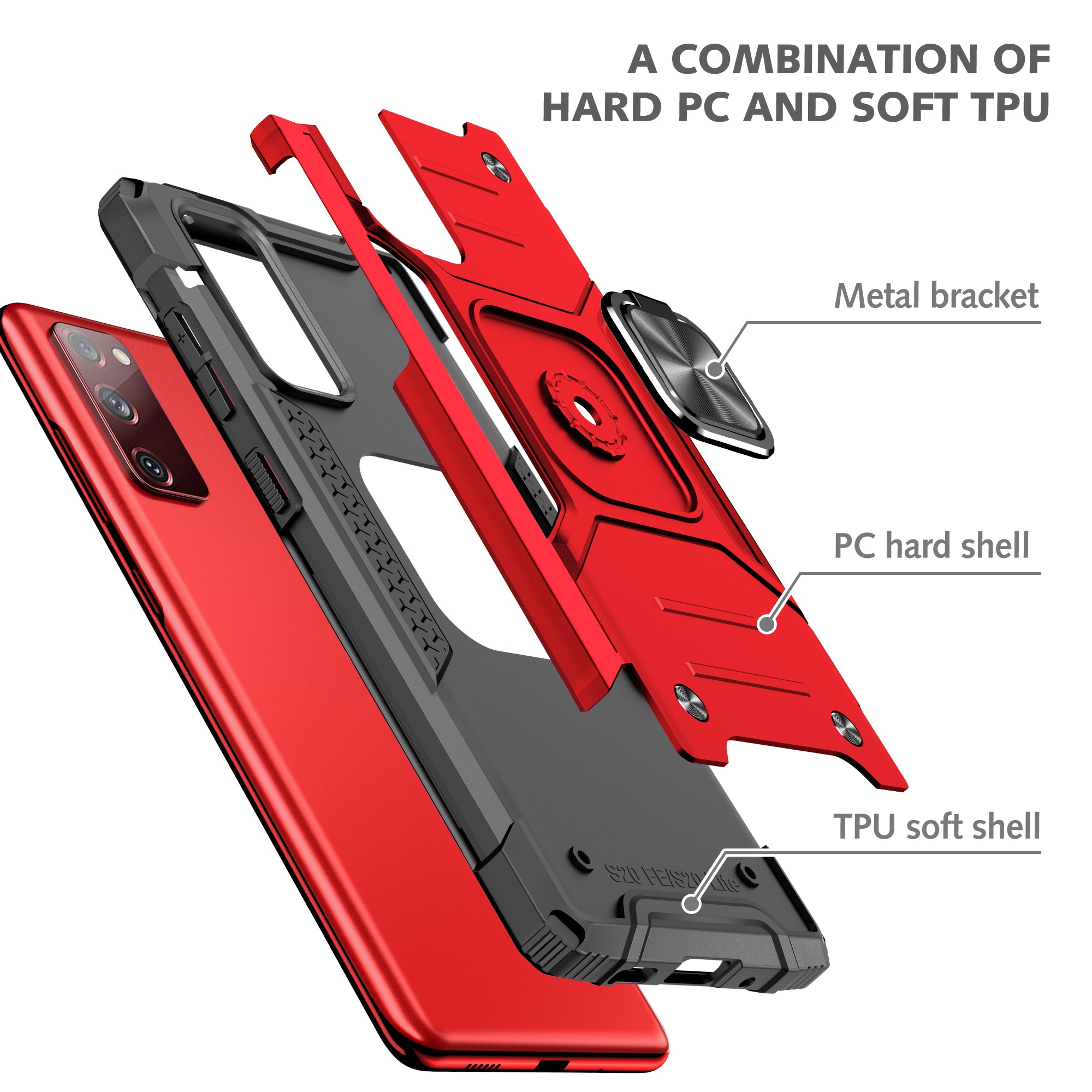 For Samsung Galaxy S20 FE 4G/5G/S20 Lite/S20 FE 2022 2-in-1 TPU + PC + Metal Cover Case with Metal Sheet + Ring Kickstand - Red