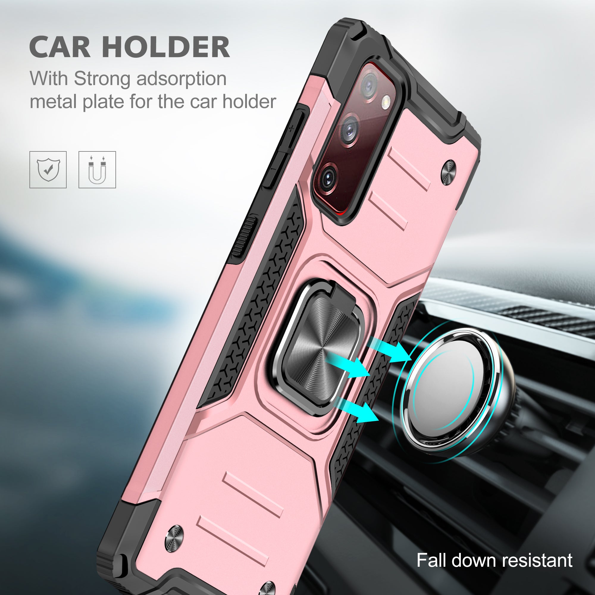 For Samsung Galaxy S20 FE 4G/5G/S20 Lite/S20 FE 2022 2-in-1 TPU + PC + Metal Cover Case with Metal Sheet + Ring Kickstand - Rose Gold