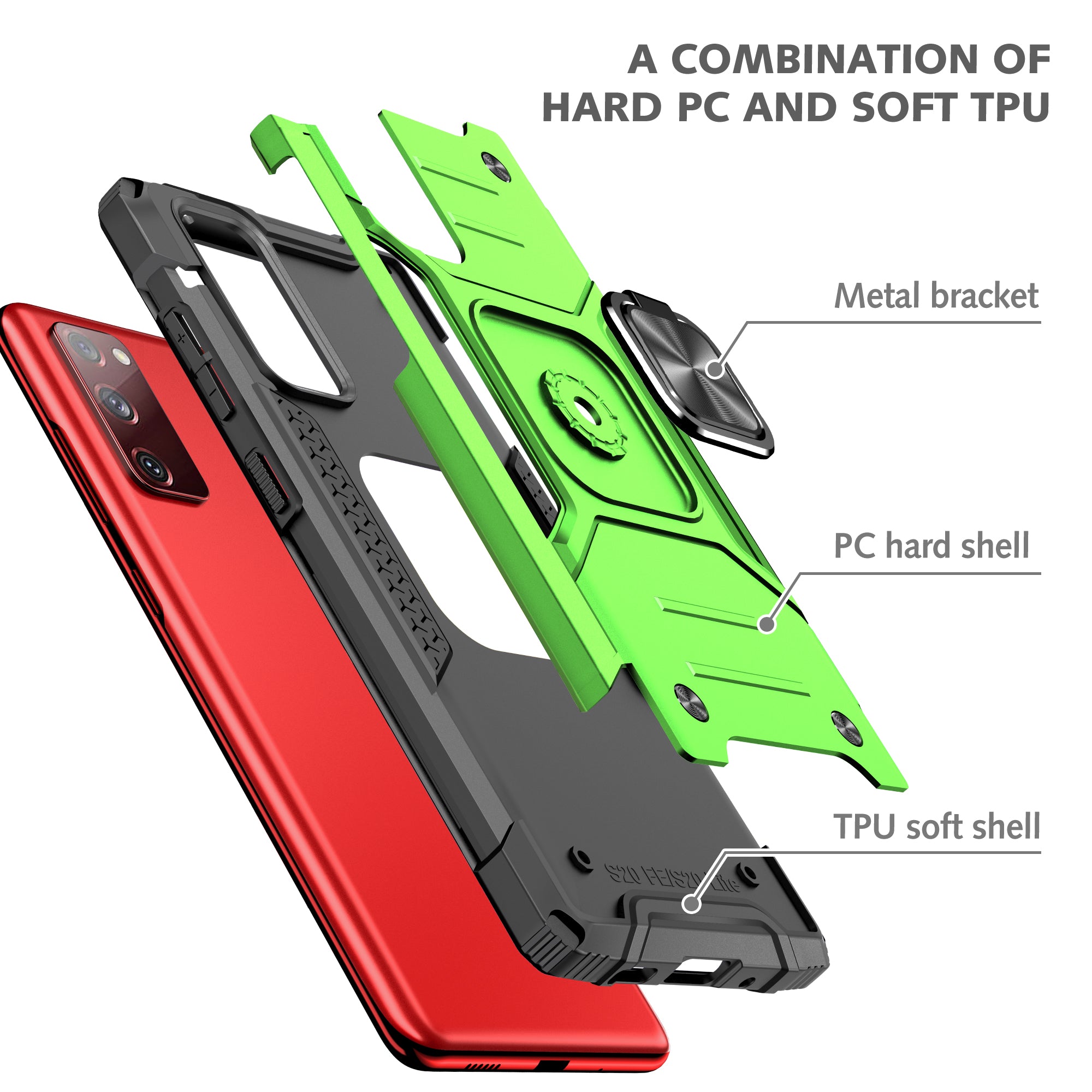 For Samsung Galaxy S20 FE 4G/5G/S20 Lite/S20 FE 2022 2-in-1 TPU + PC + Metal Cover Case with Metal Sheet + Ring Kickstand - Green