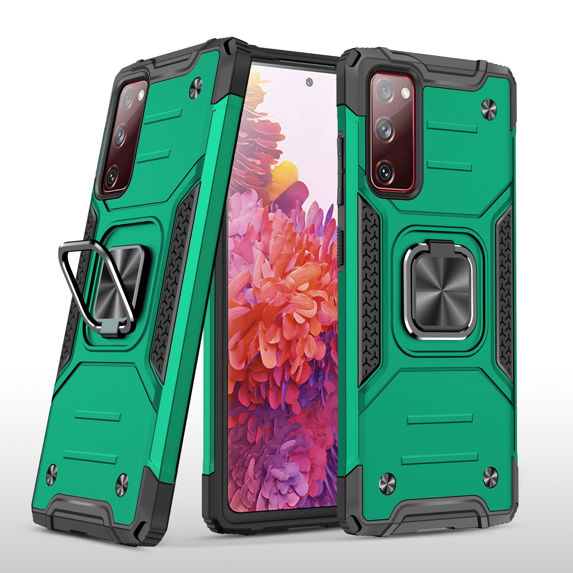 For Samsung Galaxy S20 FE 4G/5G/S20 Lite/S20 FE 2022 2-in-1 TPU + PC + Metal Cover Case with Metal Sheet + Ring Kickstand - Blackish Green