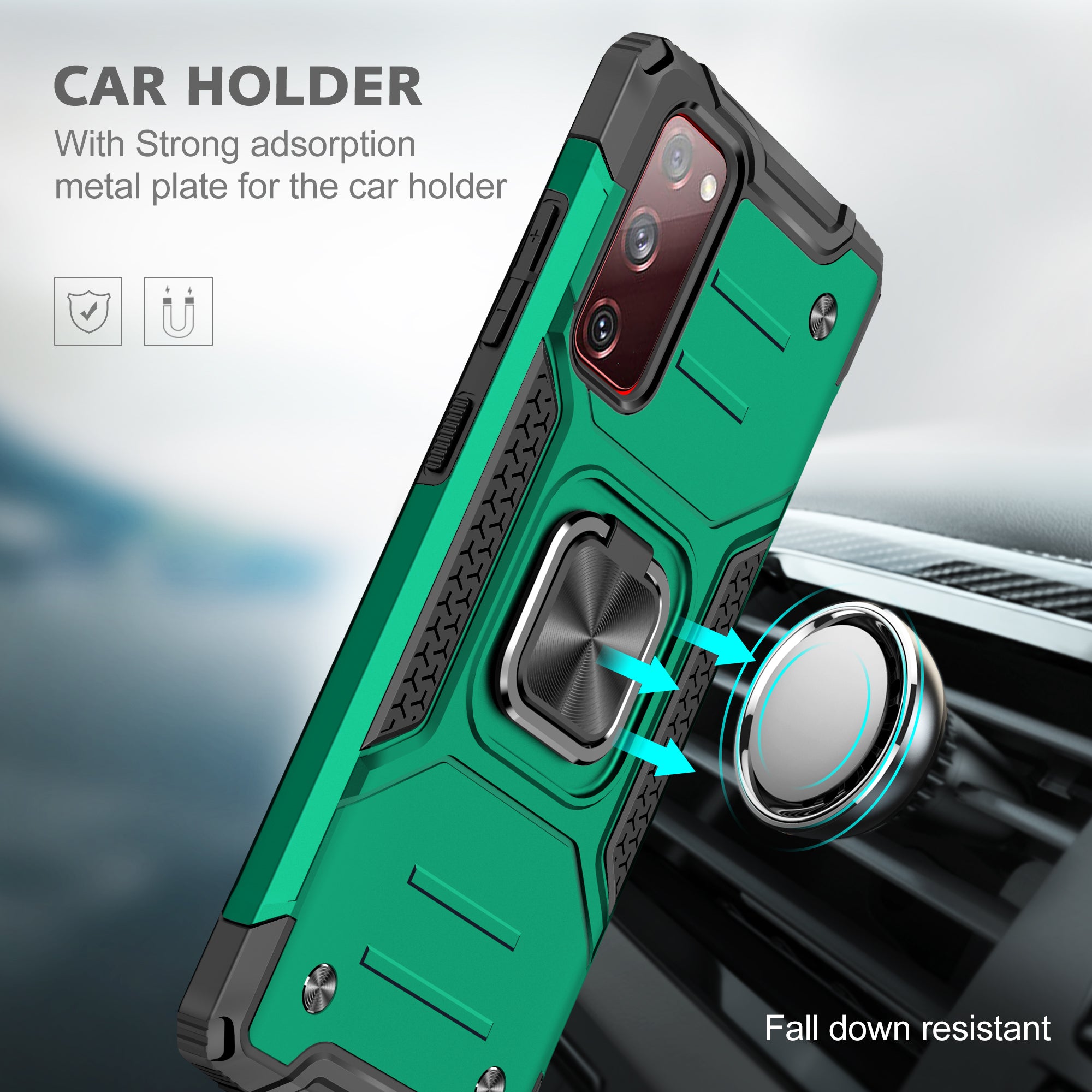 For Samsung Galaxy S20 FE 4G/5G/S20 Lite/S20 FE 2022 2-in-1 TPU + PC + Metal Cover Case with Metal Sheet + Ring Kickstand - Blackish Green