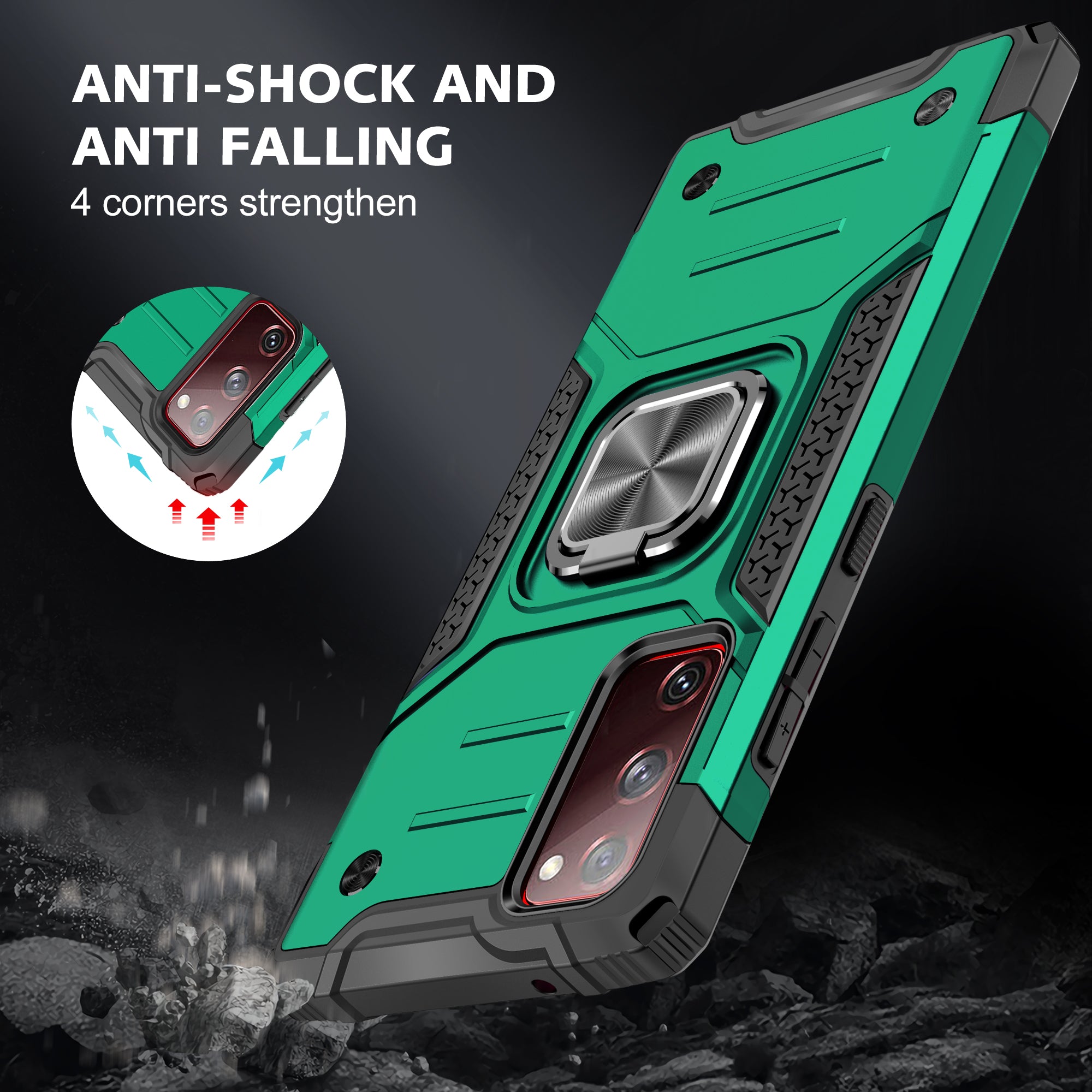 For Samsung Galaxy S20 FE 4G/5G/S20 Lite/S20 FE 2022 2-in-1 TPU + PC + Metal Cover Case with Metal Sheet + Ring Kickstand - Blackish Green