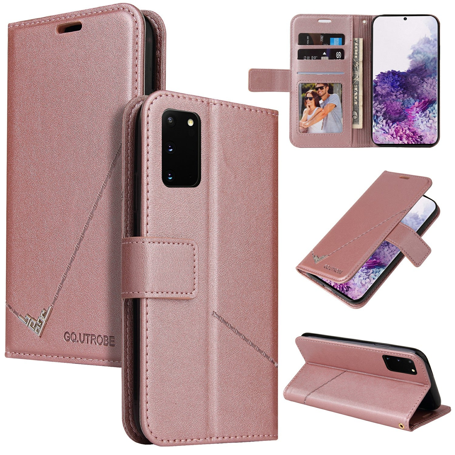 GQ.UTROBE Rectangular Metal Decor Stand Leather Cover for Samsung Galaxy S20 FE/S20 Fan Edition/S20 FE 5G/S20 Fan Edition 5G - Rose Gold