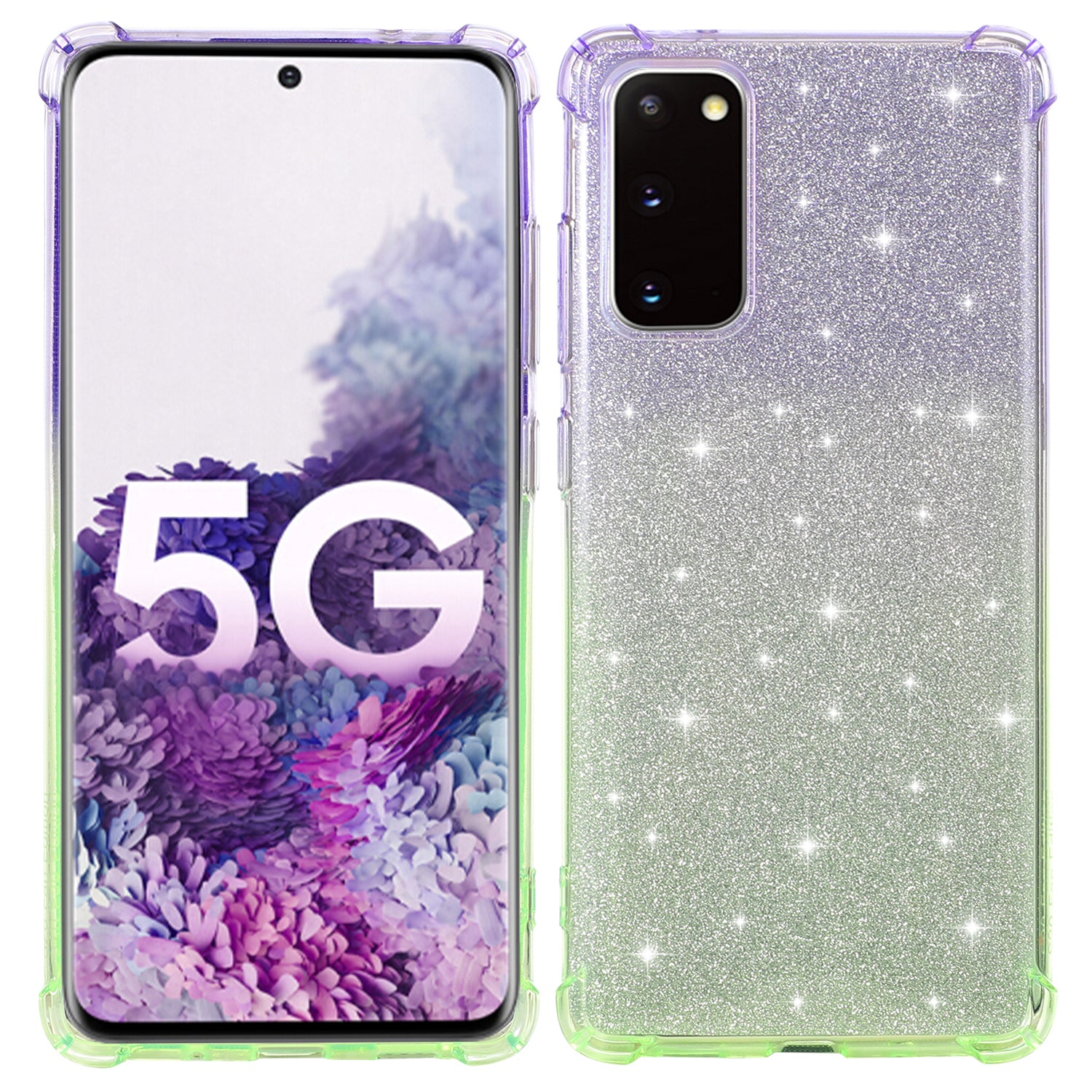 For Samsung Galaxy S20 FE 4G/5G/S20 Lite/S20 FE 2022 Shock-Absorption Gradient Color Glittery Powder Paper TPU Phone Cover - Purple/Green