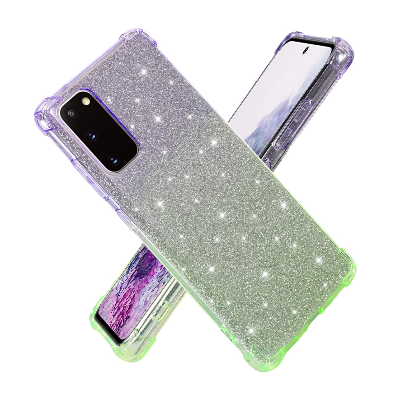 For Samsung Galaxy S20 FE 4G/5G/S20 Lite/S20 FE 2022 Shock-Absorption Gradient Color Glittery Powder Paper TPU Phone Cover - Purple/Green